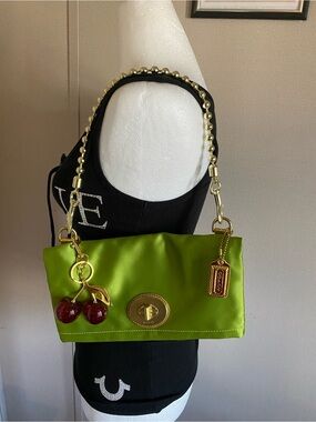 Green Coach Amanda satin fold over hand bag